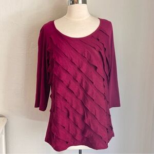 AGB Round Neck Jersey Knit Diagonal Ruffle Top 3/4 Sleeve, Fuschia, Sz L